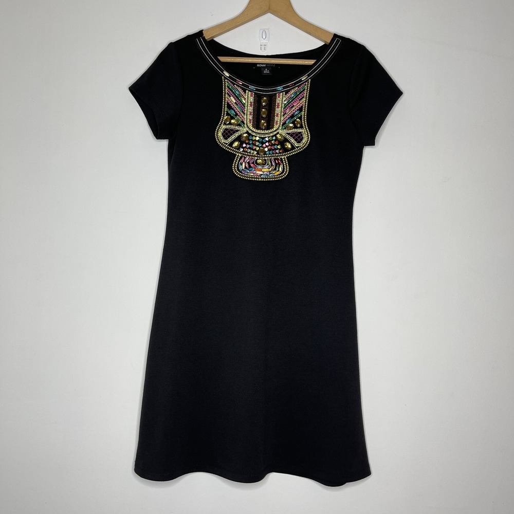 Ronni Nicole Womens 6 S Tunic Dress Shift Embellished Neckline Black Tee Shirt - Picture 2 of 5